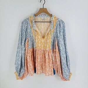Aura Multi-Panel Printed Peasant Blouse in Blue, Yellow & Coral